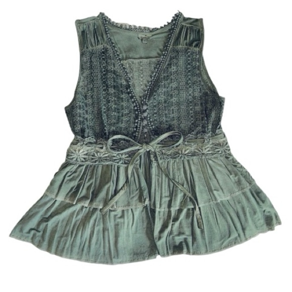 POL Tank Top Army Olive Green Open Vest Boho Ruffle Lace Waist Tie Women’s Small